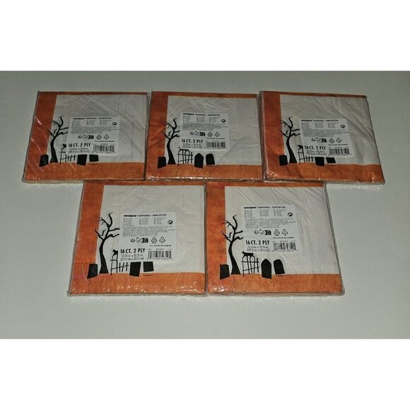 NEW 5 Packages Full Moon Halloween Napkins Lot Graveyard Tree Stars Bats Orange - Picture 3 of 6